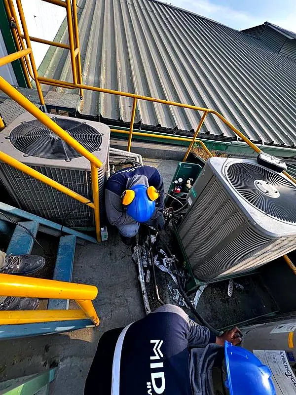 Técnicos entre condensadoras industriales en una cubierta